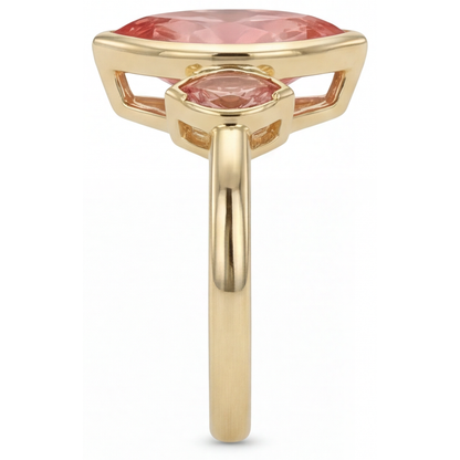 Marquise Padparadscha Bezel Three Stone Ring Natural 14K Yellow Gold