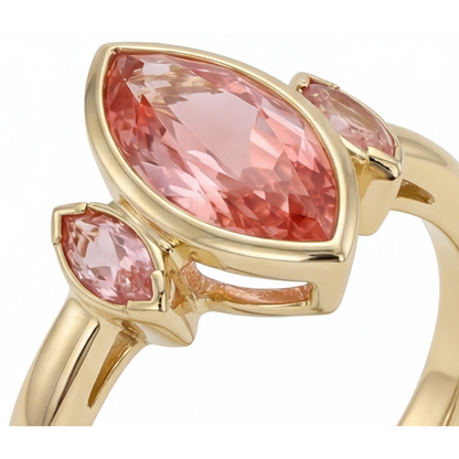 Marquise Padparadscha Bezel Three Stone Ring Natural 14K Yellow Gold