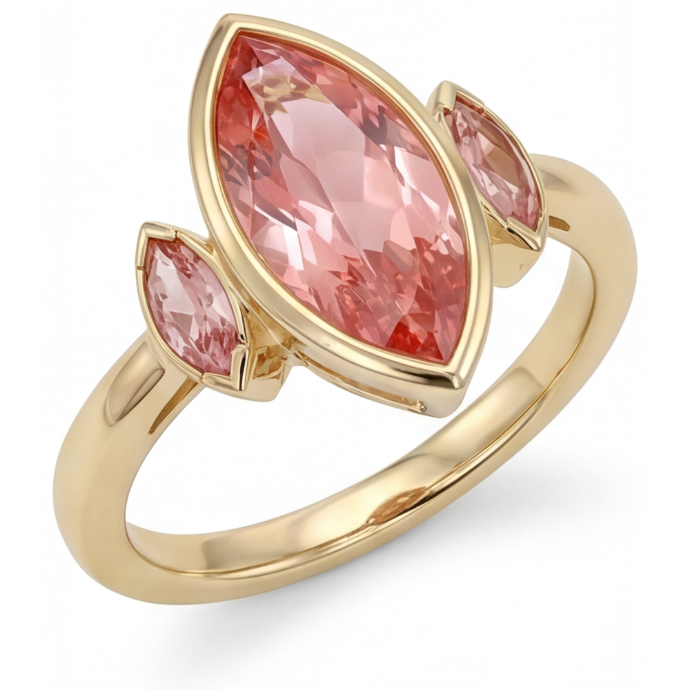 Marquise Padparadscha Bezel Three Stone Ring Natural 14K Yellow Gold