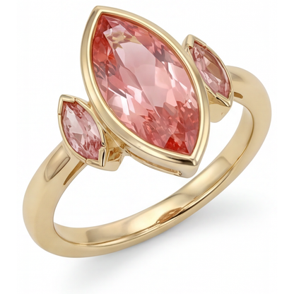 Marquise Padparadscha Bezel Three Stone Ring Natural 14K Yellow Gold