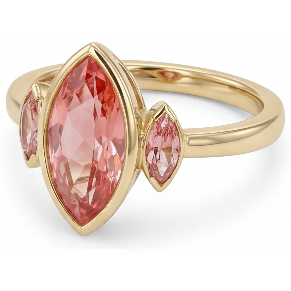 Marquise Padparadscha Bezel Three Stone Ring Natural 14K Yellow Gold