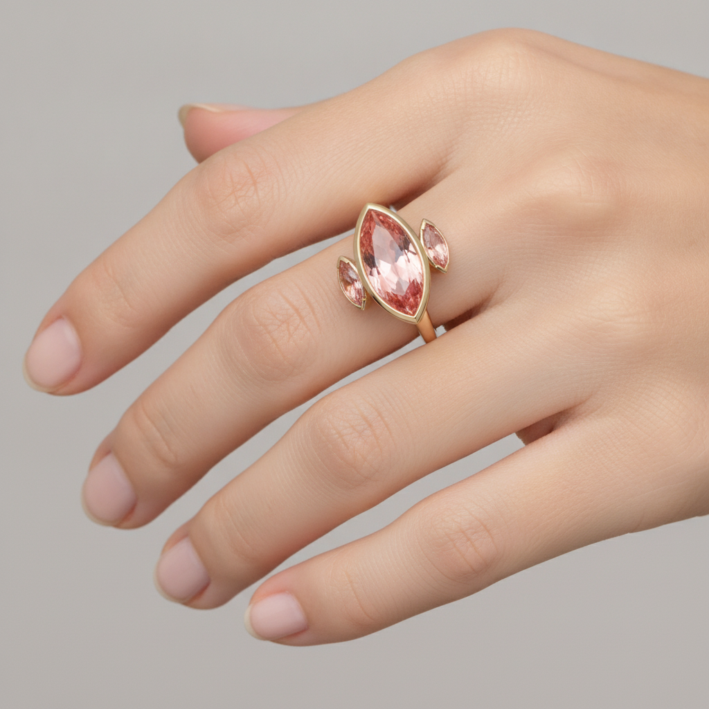 Marquise Padparadscha Bezel Three Stone Ring Natural 14K Yellow Gold