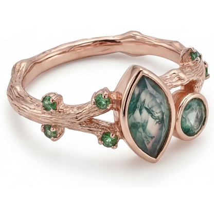Moss Agate Marquise Cut Precious Stone Ring in 14K Rose Gold – side view