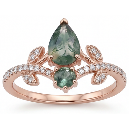 Pear Cut Moss Agate ring in 14K Rose Gold – main view