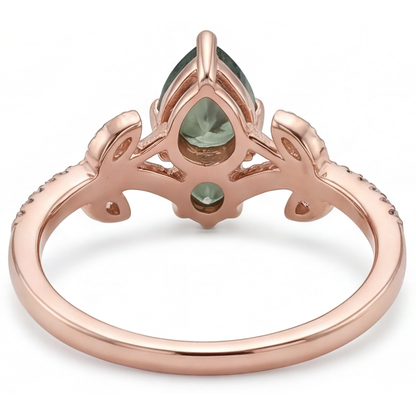 Pear Cut Moss Agate ring in 14K Rose Gold – profile view