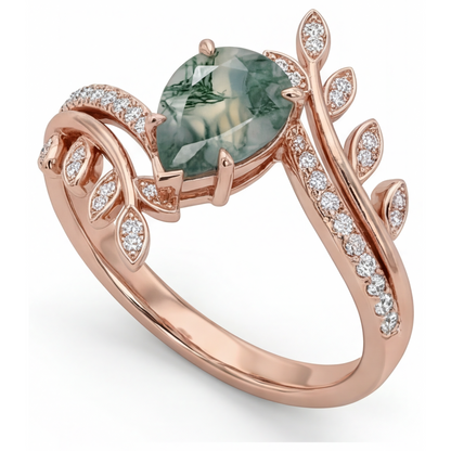 Pear Shape Moss Agate ring in 14K Rose Gold – front view