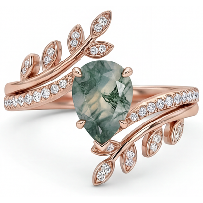 Moss Agate Pear Shape Precious Stone Ring in 14K Rose Gold – side view