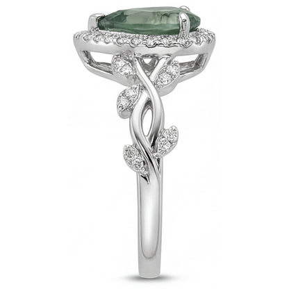 Pear Shape Moss Agate ring in 14 Karat White Gold – angle view
