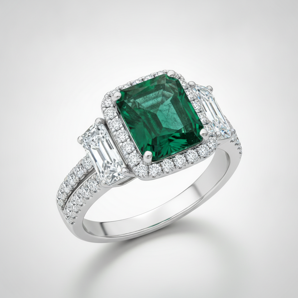 Muzo Emerald and Cadillac Diamond Three Stone Halo Ring Natural Platinum