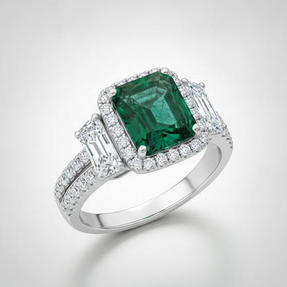 Muzo Emerald and Cadillac Diamond Three Stone Halo Ring Natural Platinum