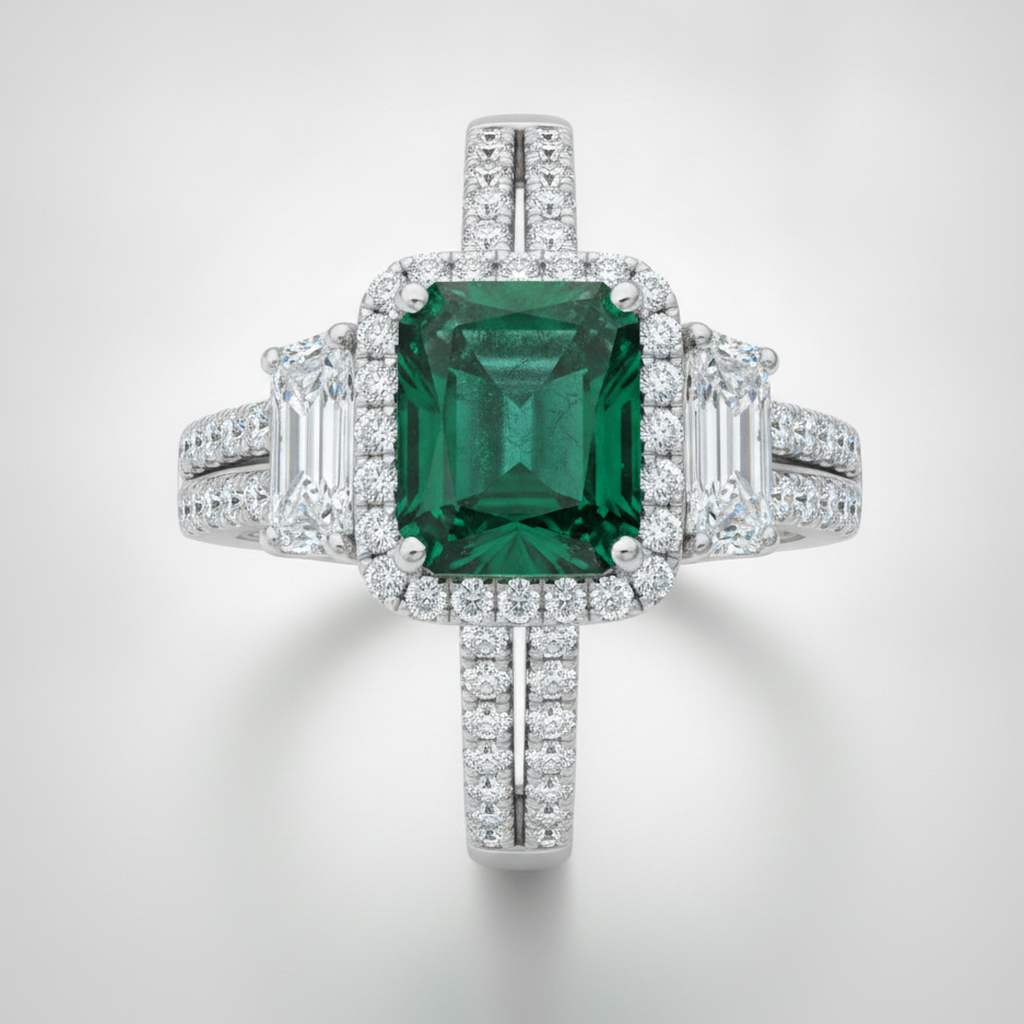 Muzo Emerald and Cadillac Diamond Three Stone Halo Ring Natural Platinum
