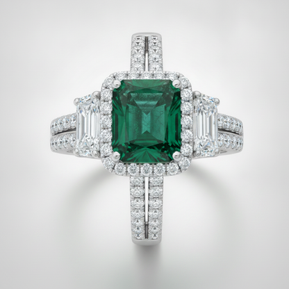 Muzo Emerald and Cadillac Diamond Three Stone Halo Ring Natural Platinum