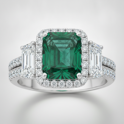 Muzo Emerald and Cadillac Diamond Three Stone Halo Ring Natural Platinum
