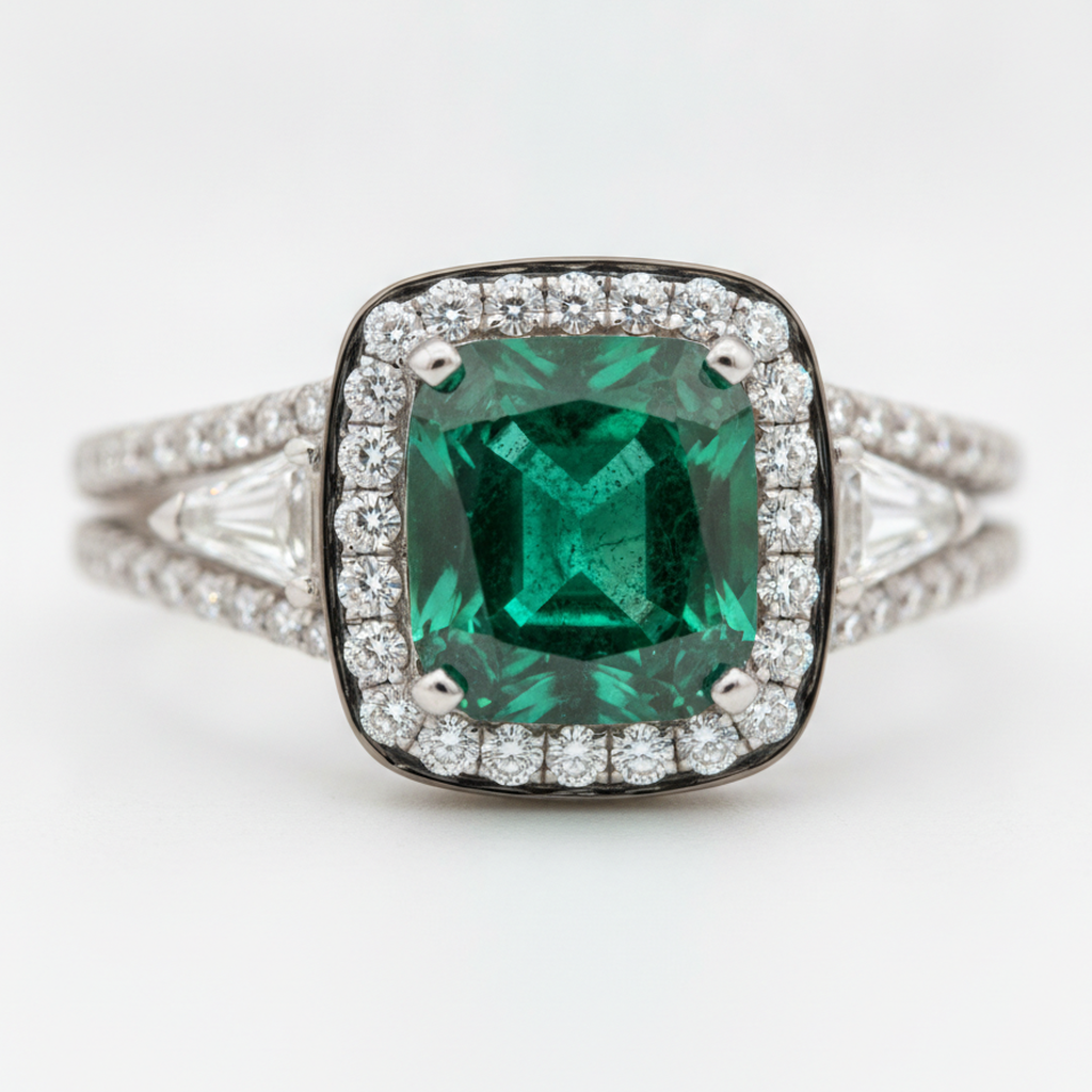 Muzo Emerald and Diamond Double Shank Ring Natural 18K White Gold