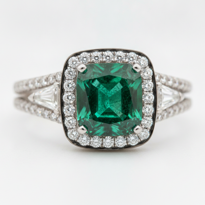 Muzo Emerald and Diamond Double Shank Ring Natural 18K White Gold