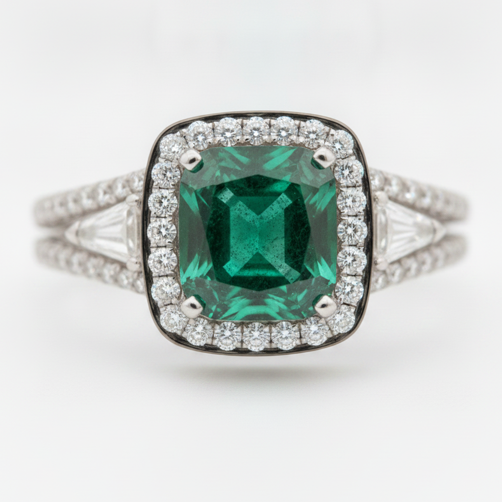 Muzo Emerald and Diamond Double Shank Ring Natural 18K White Gold