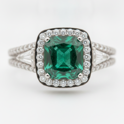 Muzo Emerald and Diamond Double Shank Ring Natural 18K White Gold