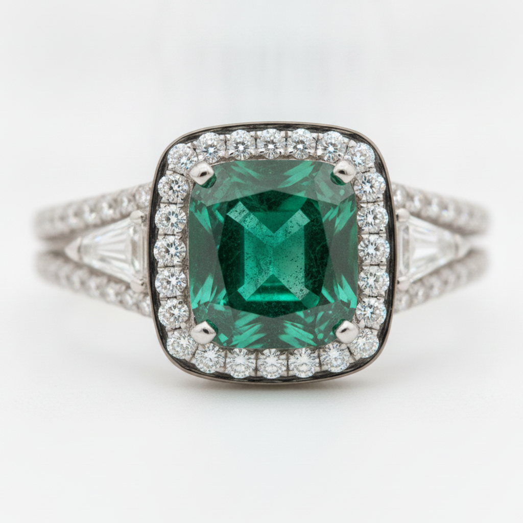 Muzo Emerald and Diamond Double Shank Ring Natural 18K White Gold