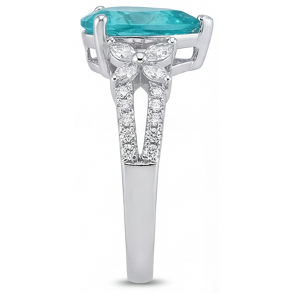 Pear Cut Neon Paraiba ring in 14K White Gold – back view