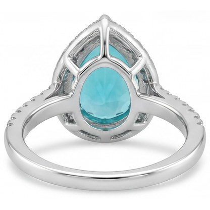 Neon Paraiba Pear Cut Halo Engagement Ring in 14 Karat White Gold – top view