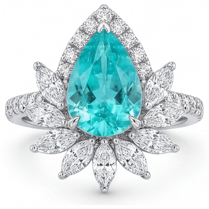 Neon Paraiba Pear Shape Halo Setting Ring in 14K White Gold – front view