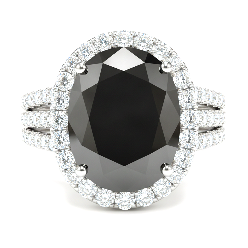 Oval Black and White Diamond Halo Ring Natural 14K White Gold