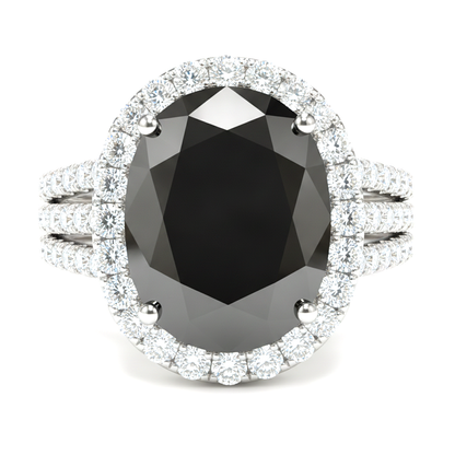 Oval Black and White Diamond Halo Ring Natural 14K White Gold