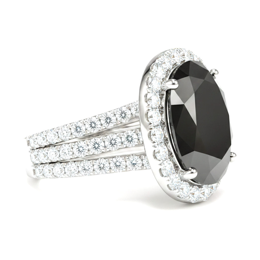 Oval Black and White Diamond Halo Ring Natural 14K White Gold