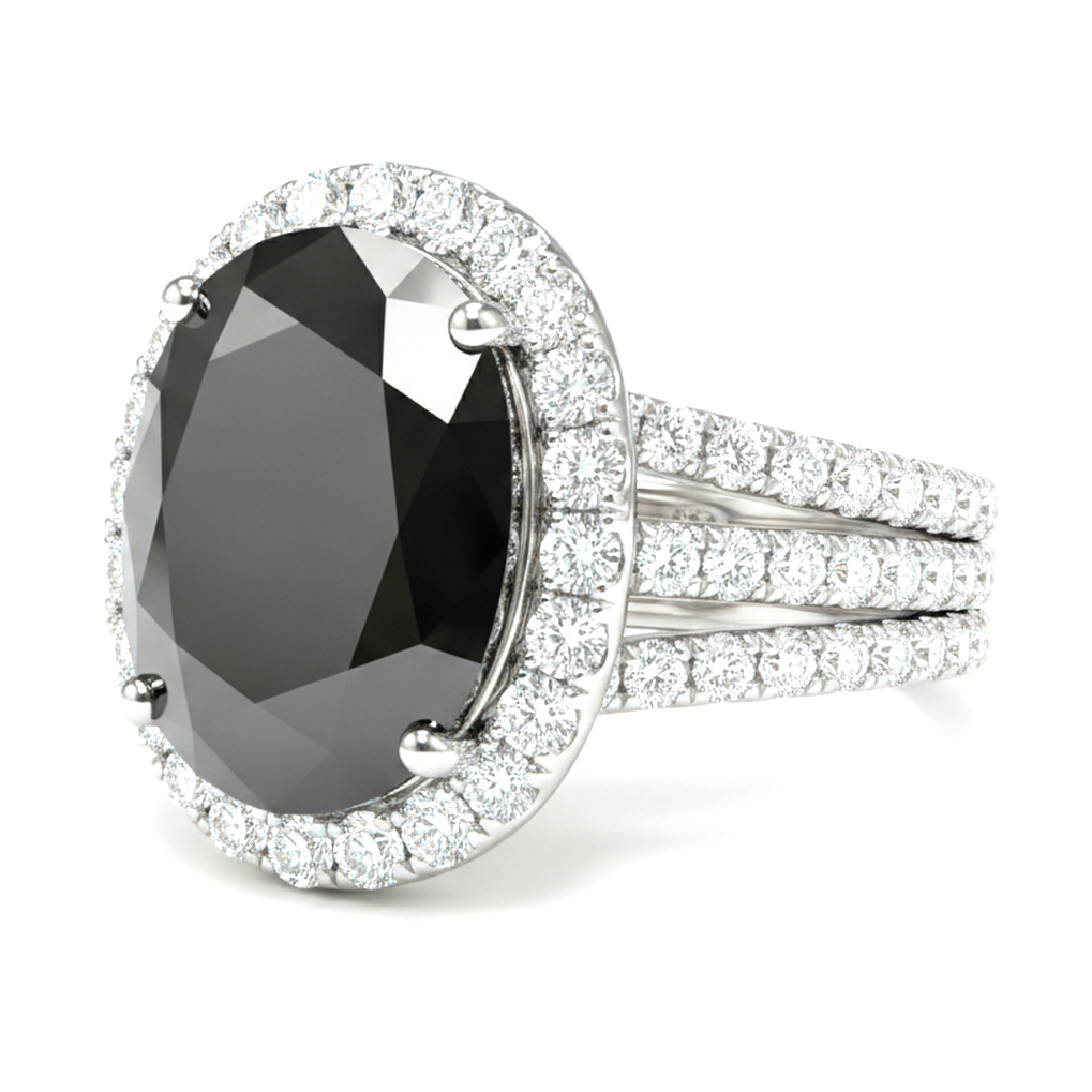 Oval Black and White Diamond Halo Ring Natural 14K White Gold