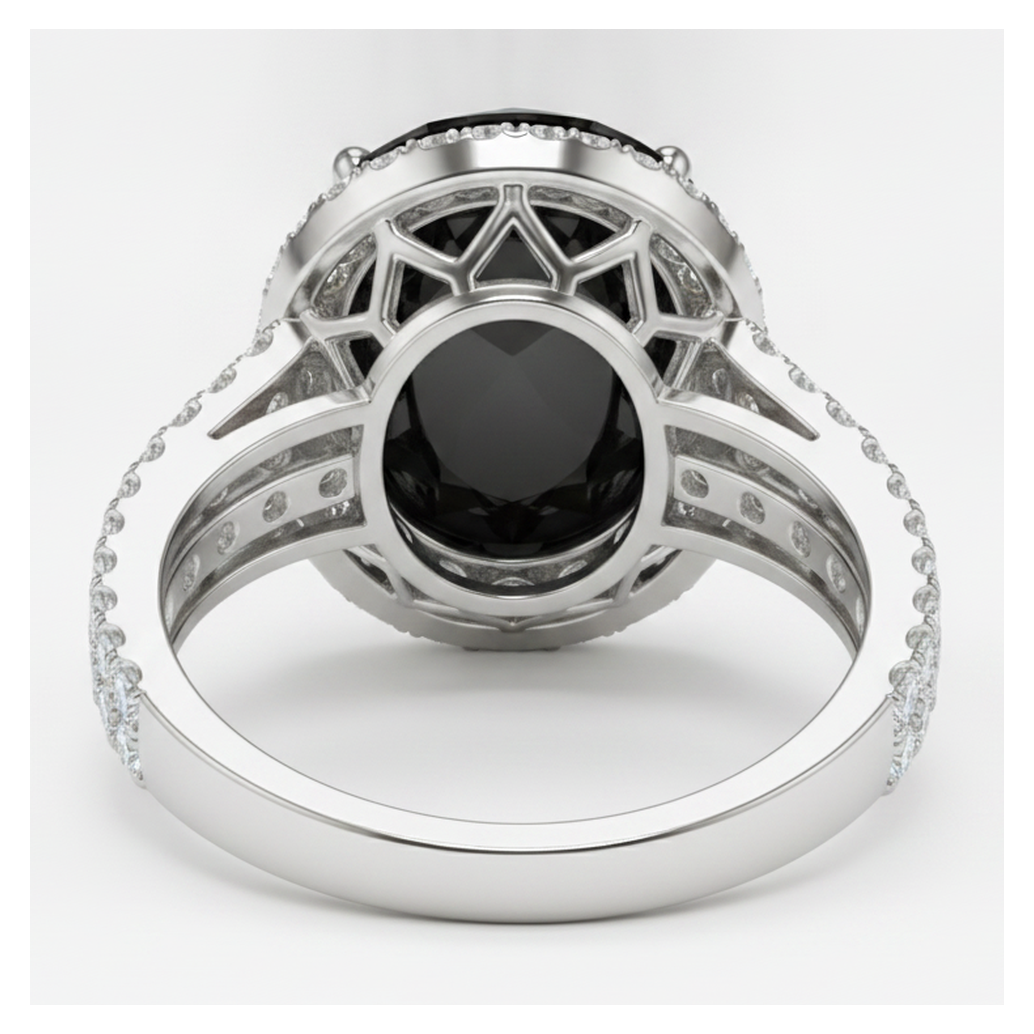 Oval Black and White Diamond Halo Ring Natural 14K White Gold