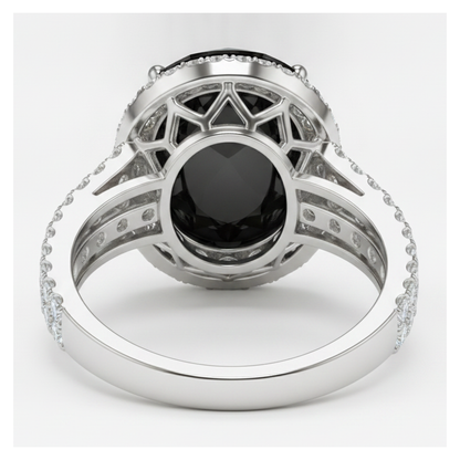 Oval Black and White Diamond Halo Ring Natural 14K White Gold