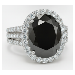 Oval Black and White Diamond Halo Ring Natural 14K White Gold