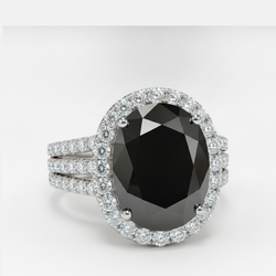 Oval Black and White Diamond Halo Ring Natural 14K White Gold