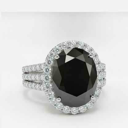 Oval Black and White Diamond Halo Ring Natural 14K White Gold