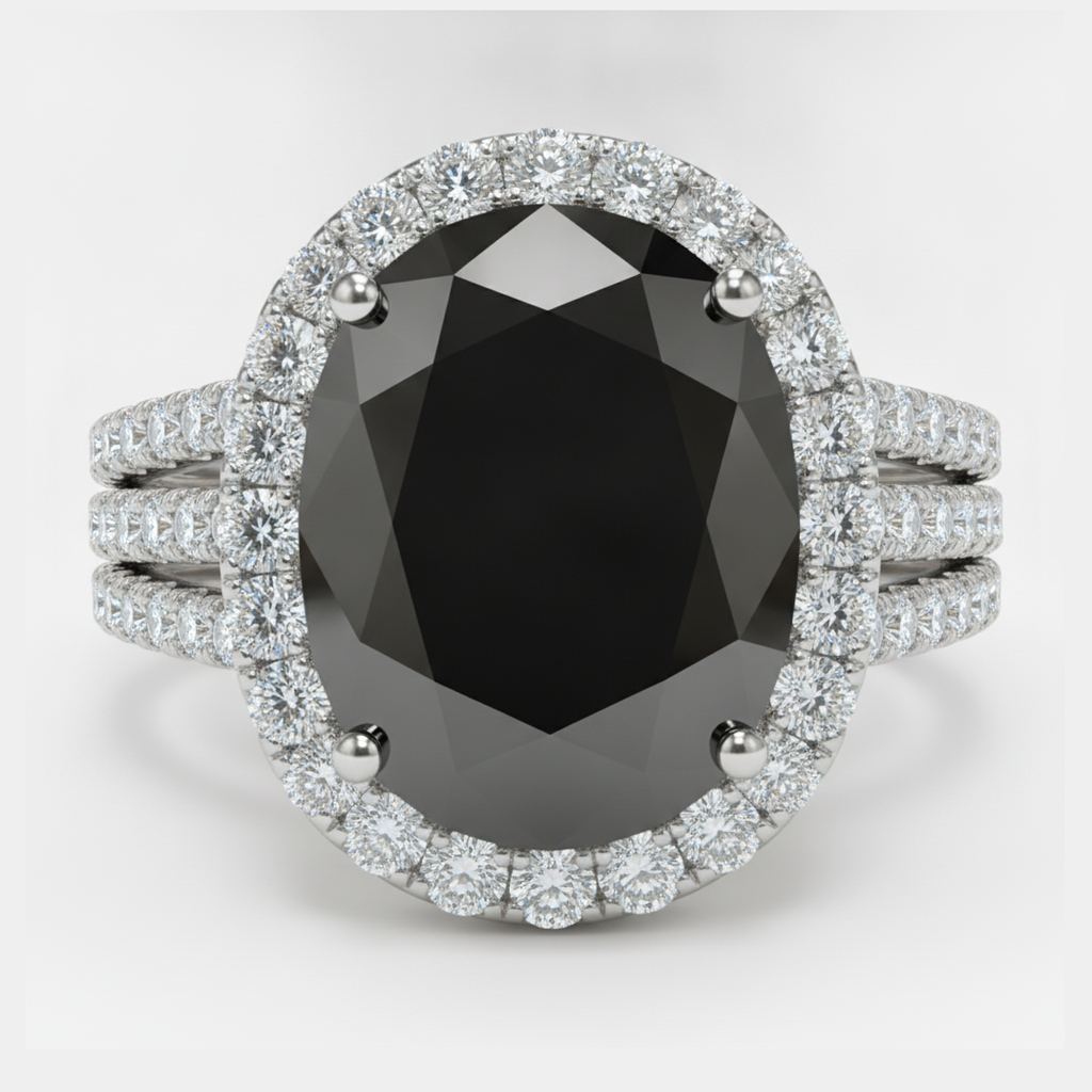 Oval Black and White Diamond Halo Ring Natural 14K White Gold