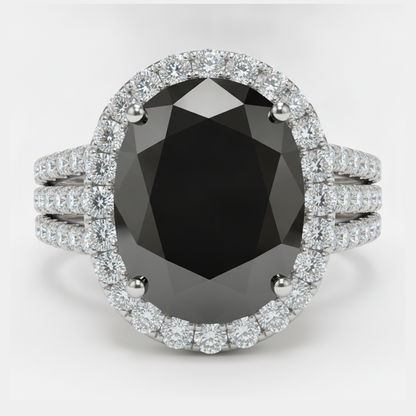 Oval Black and White Diamond Halo Ring Natural 14K White Gold