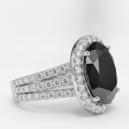 Oval Black and White Diamond Halo Ring Natural 14K White Gold