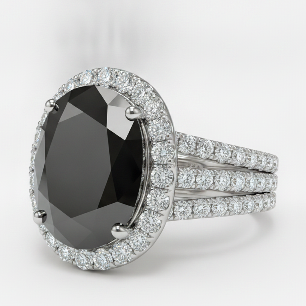 Oval Black and White Diamond Halo Ring Natural 14K White Gold