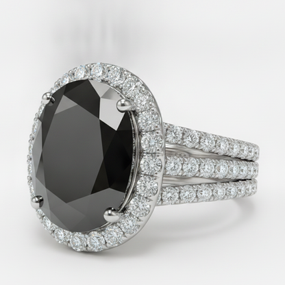 Oval Black and White Diamond Halo Ring Natural 14K White Gold