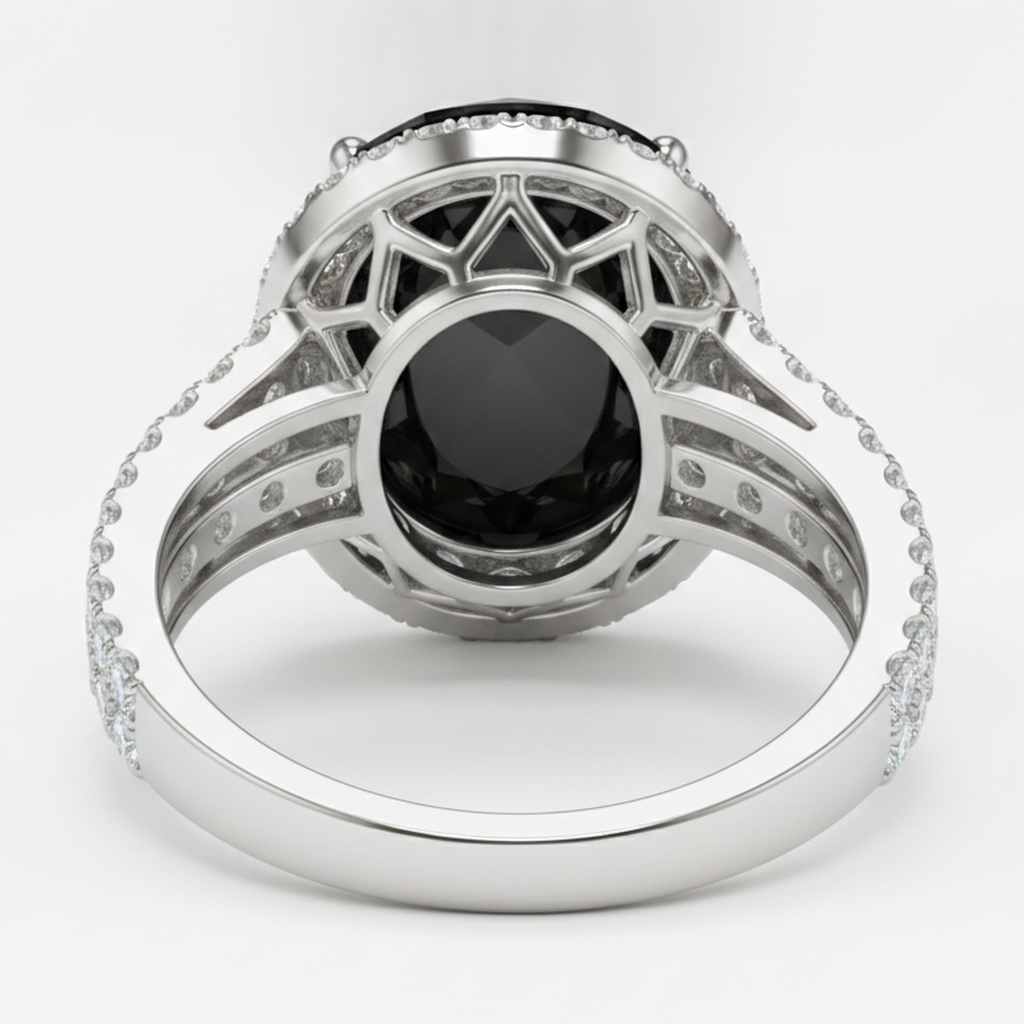 Oval Black and White Diamond Halo Ring Natural 14K White Gold