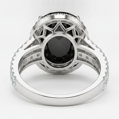 Oval Black and White Diamond Halo Ring Natural 14K White Gold