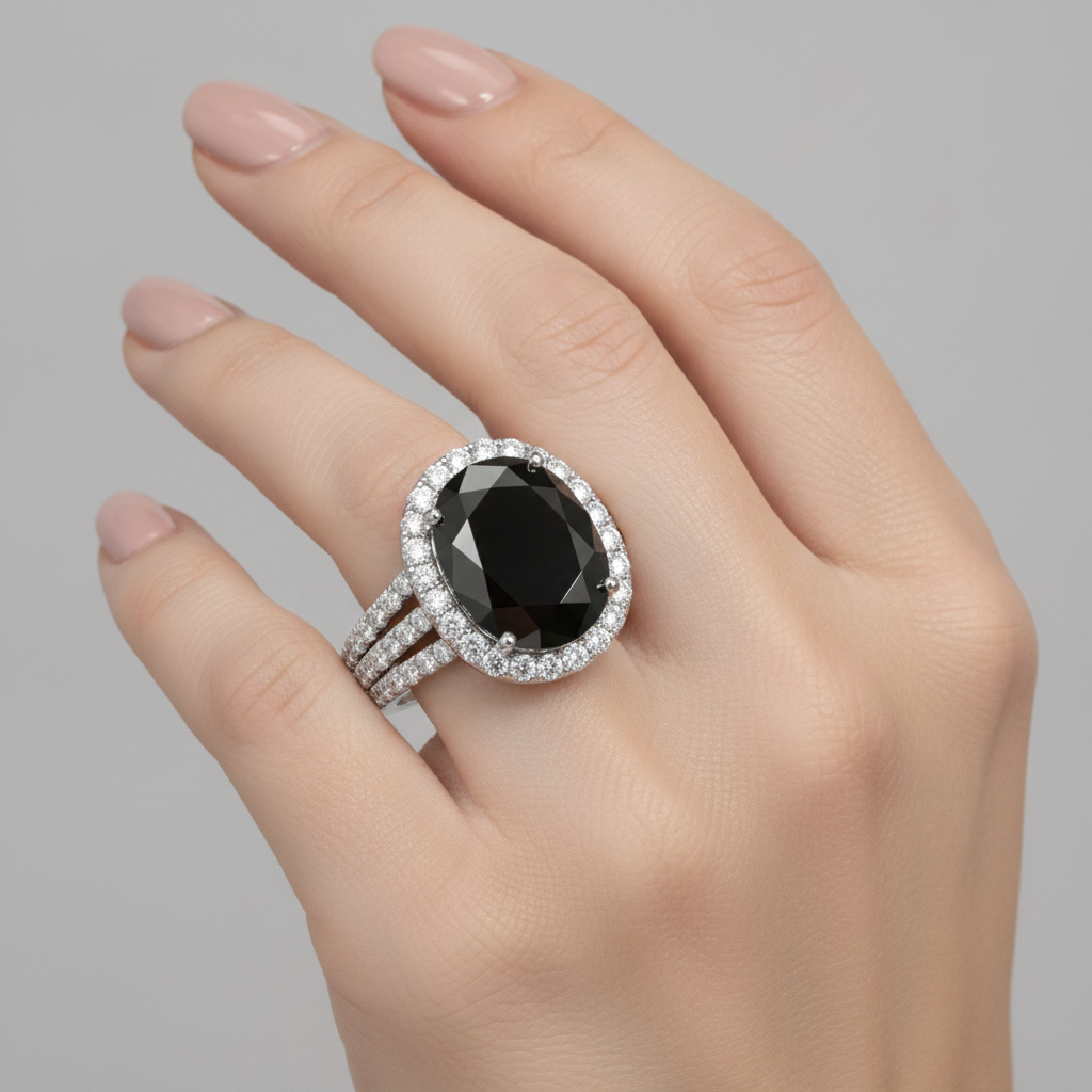Oval Black and White Diamond Halo Ring Natural 14K White Gold
