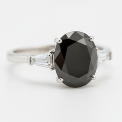 Oval Black Diamond and White Baguette Three Stone Ring Natural 14K White Gold