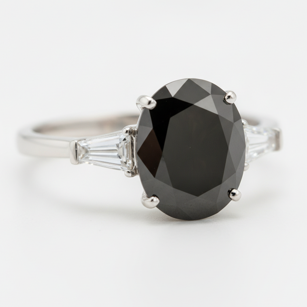 Oval Black Diamond and White Baguette Three Stone Ring Natural 14K White Gold