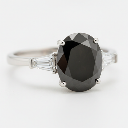 Oval Black Diamond and White Baguette Three Stone Ring Natural 14K White Gold