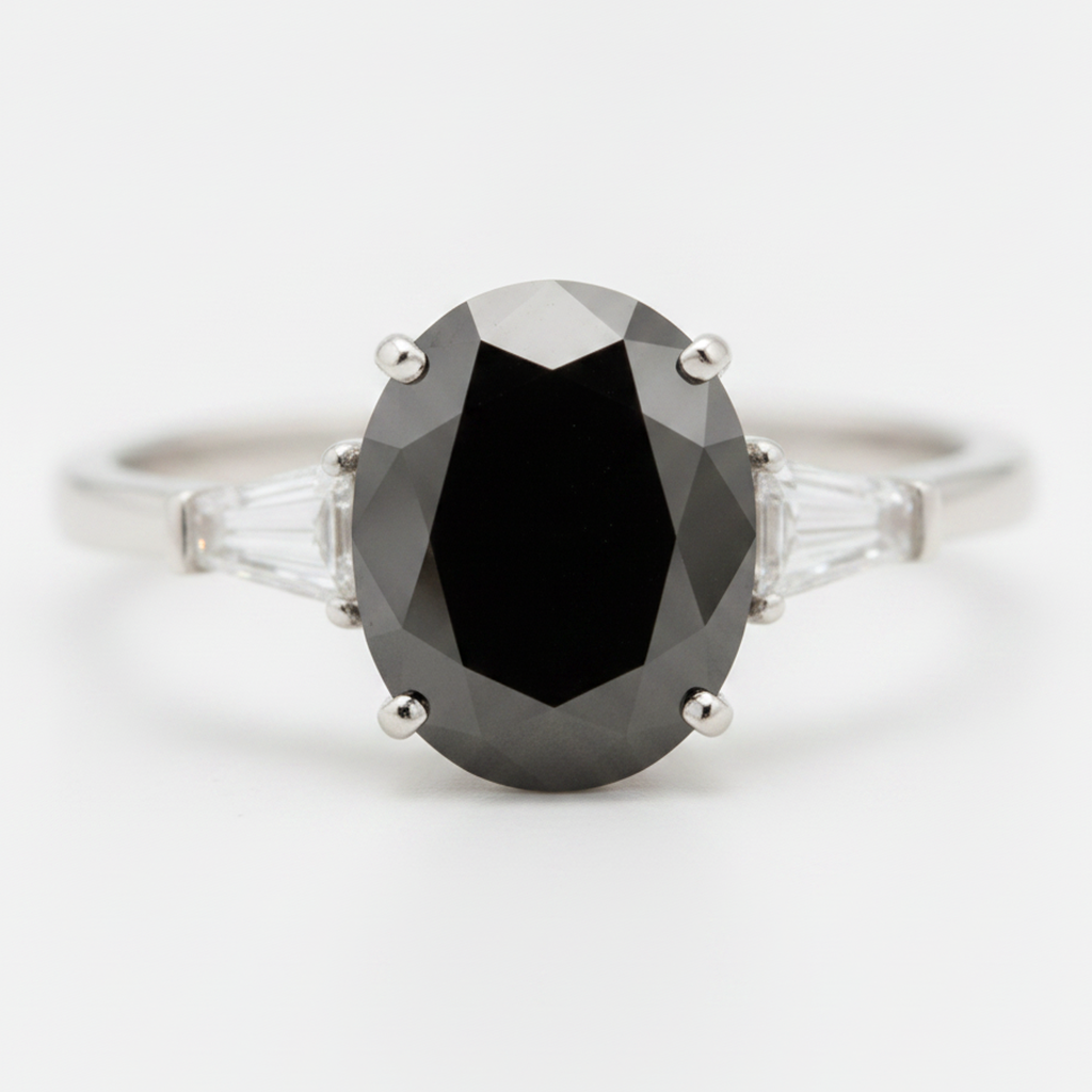 Oval Black Diamond and White Baguette Three Stone Ring Natural 14K White Gold