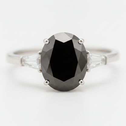Oval Black Diamond and White Baguette Three Stone Ring Natural 14K White Gold
