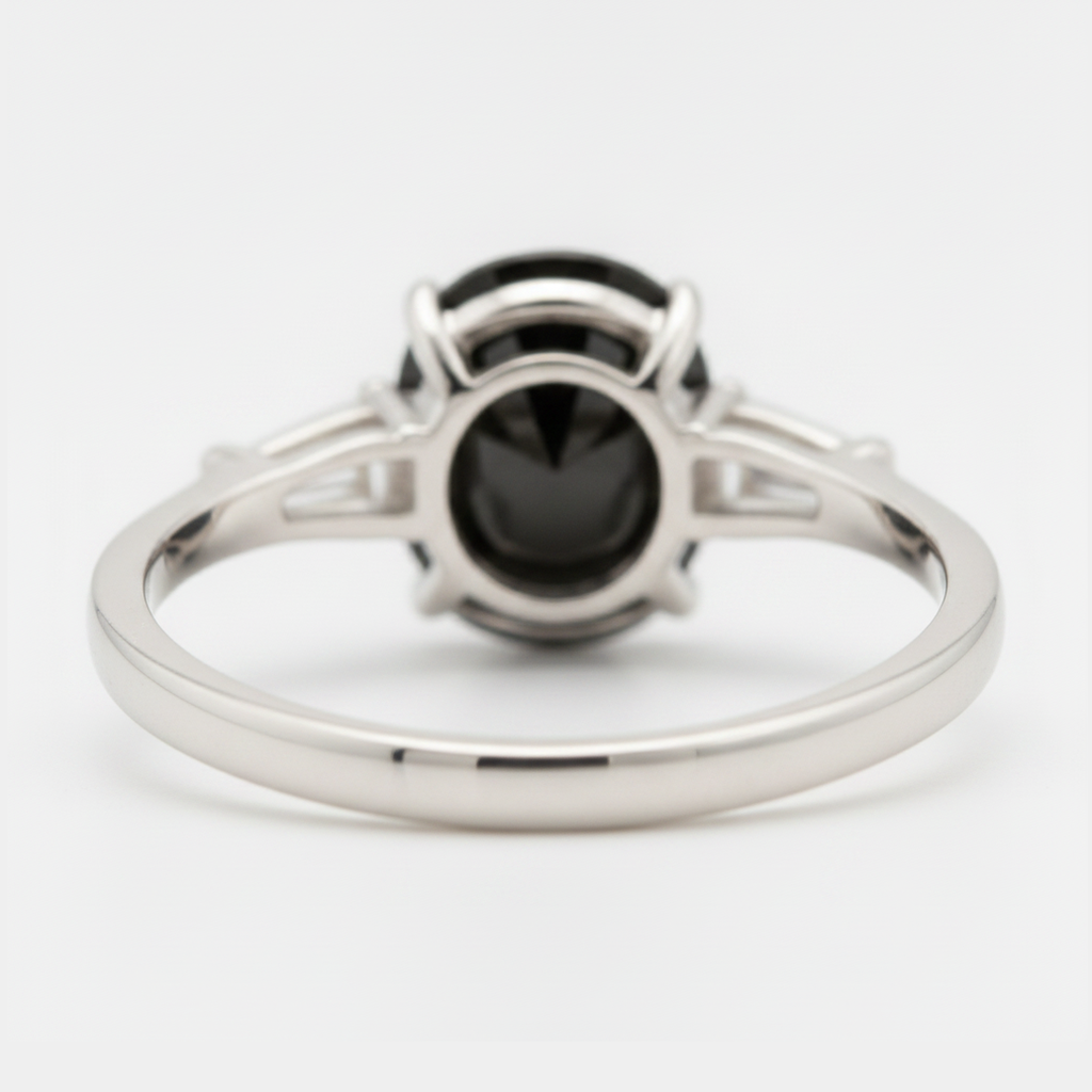 Oval Black Diamond and White Baguette Three Stone Ring Natural 14K White Gold