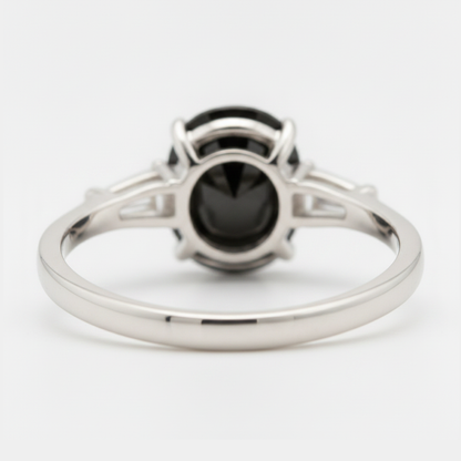 Oval Black Diamond and White Baguette Three Stone Ring Natural 14K White Gold