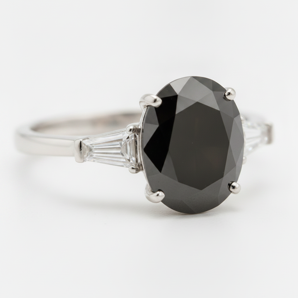 Oval Black Diamond and White Baguette Three Stone Ring Natural 14K White Gold